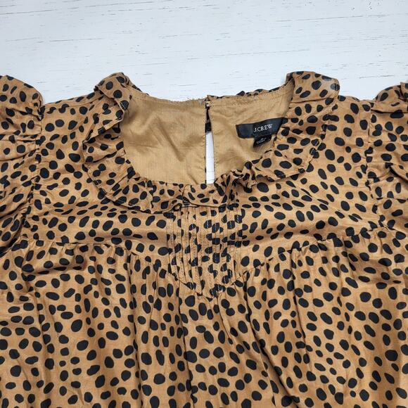 J. Crew Flutter Sleeve Cotton Silk Voile Top Leopard Dot Brown Ruffle Neck Small - Picture 4 of 8